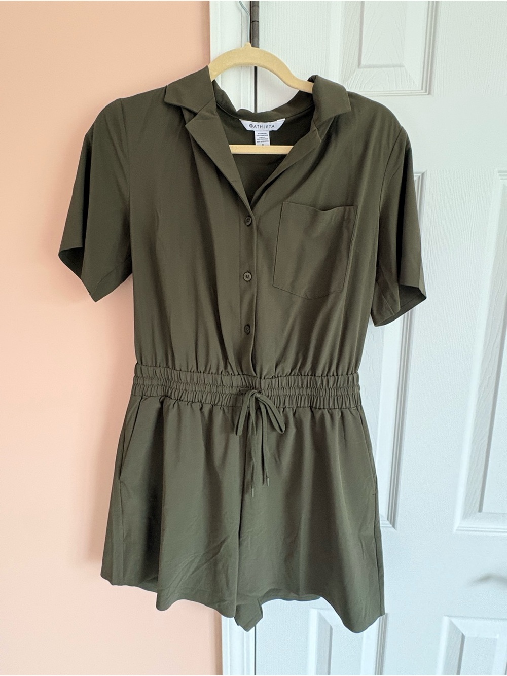 Athleta Olive Short Sleeve Button Romper Jumpsuit with Drawstring S
